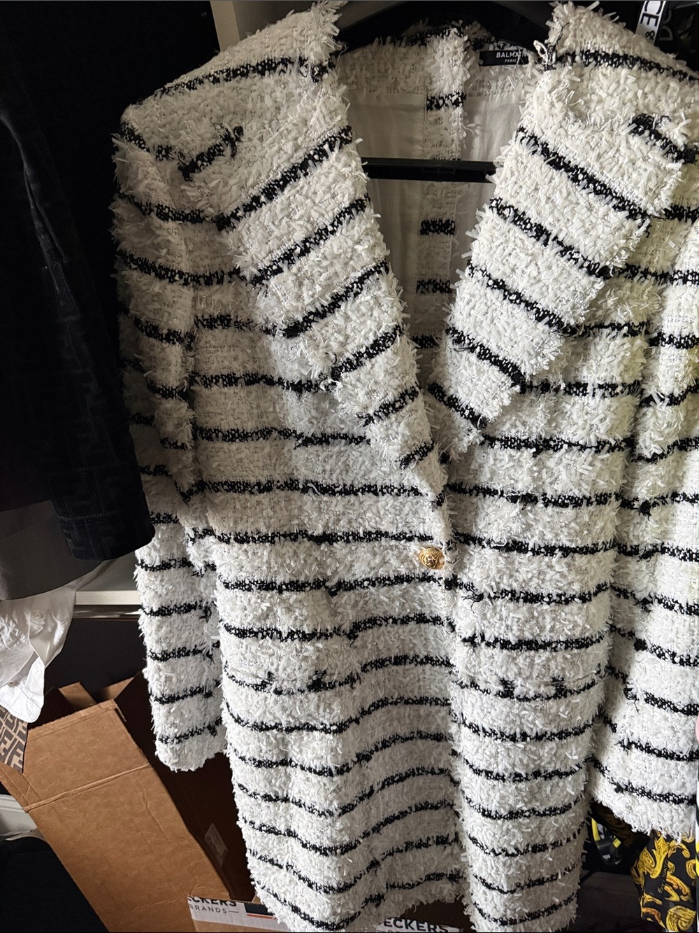 Balmain Black & White Striped Bouclé Pea Coat